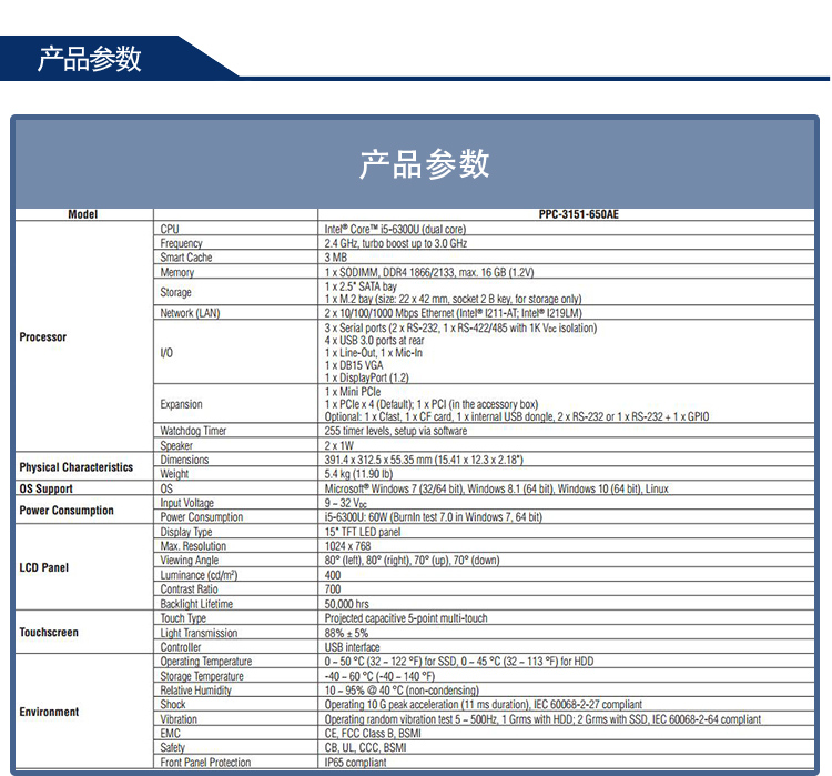 全新研華 嵌入式無(wú)風(fēng)扇寬屏多點(diǎn)觸控工業(yè)等級(jí)平板電腦 PPC-3151