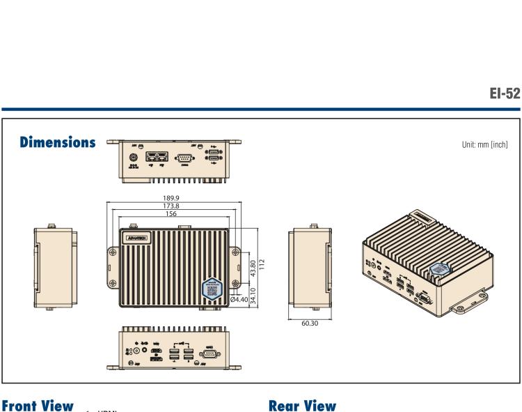 研華EI-52 研華EI-52，邊緣計算系統(tǒng)，支持 Intel 11th gen CPU，可選 Core i5 /i3 /Celeron 處理器，具備豐富擴展接口 2 x LAN，2 x COM，6 x USB等，內(nèi)部可以通過 miniPCIe 或 M.2 擴展AI加速卡實現(xiàn)工業(yè)AI機器視覺，搭載5G通訊模塊。