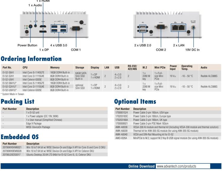 研華EI-52 研華EI-52，邊緣計算系統(tǒng)，支持 Intel 11th gen CPU，可選 Core i5 /i3 /Celeron 處理器，具備豐富擴展接口 2 x LAN，2 x COM，6 x USB等，內(nèi)部可以通過 miniPCIe 或 M.2 擴展AI加速卡實現(xiàn)工業(yè)AI機器視覺，搭載5G通訊模塊。