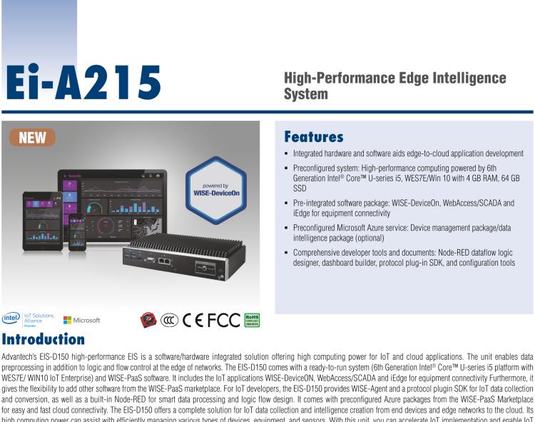 研華EI-A215 研華EI-A215，邊緣性計算系統(tǒng)，搭載Intel Core i5 6300U 處理器，4 GB內存，64 GB 存儲，高性能邊緣智能設備，具備豐富擴展接口 2 x LAN，4 x COM，6 x USB等，同時還可以擴展 iDoor 或 ARK-Plus 模組增加更多的擴展接口，搭配 5G 模塊。