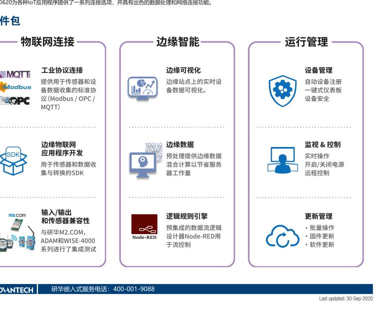 研華EIS-D620 研華EIS-D620，邊緣計(jì)算系統(tǒng)網(wǎng)關(guān)，基于Rockchip RK3399處理器，板載2GB內(nèi)存，16GB eMMC 存儲(chǔ)，低功耗邊緣智能設(shè)備，具備豐富擴(kuò)展接口 2 x LAN，1 x COM，1 x USB，2 x HDMI等，體積非常小巧，適用于邊緣設(shè)備控制及數(shù)據(jù)采集等應(yīng)用場景。