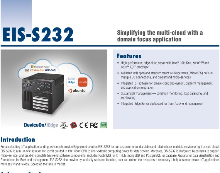 研華EIS-S232 研華 EIS-S232，邊緣計(jì)算系統(tǒng)服務(wù)器，支持Intel 第十代處理器，可選i3/i5/i7 Xeon CPU，DDR4 最高32GB，最多可支持4 x 2.5寸硬盤(pán)，具備豐富擴(kuò)展接口 2 x LAN，6 x COM，8 x USB，1 x PCIE，2 x PCI。產(chǎn)品生命周期長(zhǎng)，穩(wěn)定可靠。