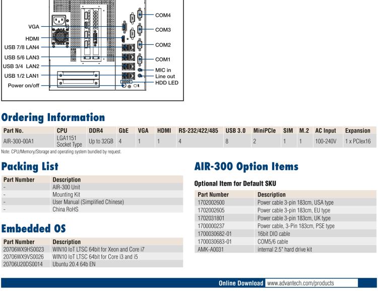 研華AIR-300 支持Intel Xeon / 6/7代Core?i3/i5/i7處理器，AI計(jì)算平臺(tái)，可擴(kuò)展 PCIe x16 GPU全尺寸卡