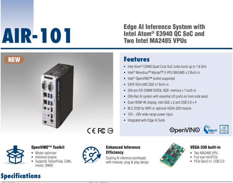 研華AIR-101 基于Intel Atom E3940處理器，AI計算平臺，內(nèi)置Myriad X VPU * 2