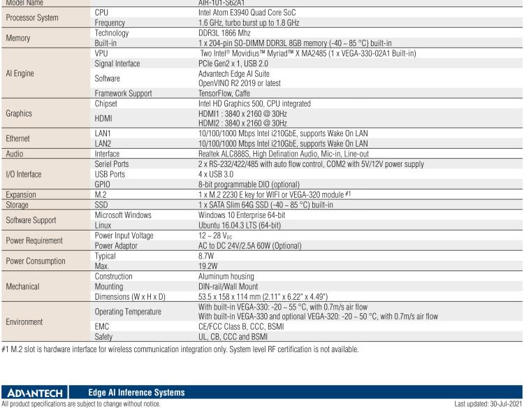 研華AIR-101 基于Intel Atom E3940處理器，AI計算平臺，內(nèi)置Myriad X VPU * 2