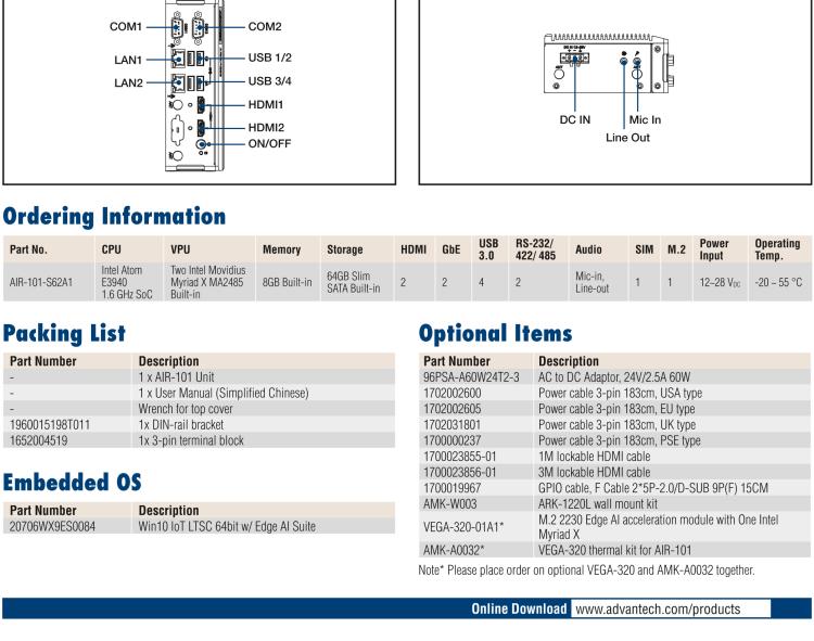 研華AIR-101 基于Intel Atom E3940處理器，AI計算平臺，內(nèi)置Myriad X VPU * 2