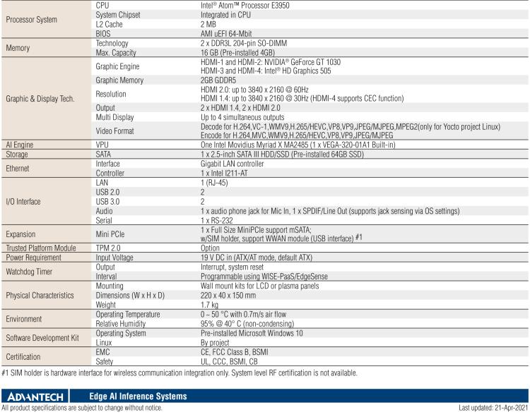 研華AIR-100 基于Intel Atom E3950處理器，AI計(jì)算平臺(tái)，內(nèi)置Myriad X VPU * 1