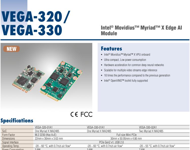 研華VEGA-330 基于Intel Movidius? Myriad? X VPU，miniPCIe Edge AI 模塊，VPU*2