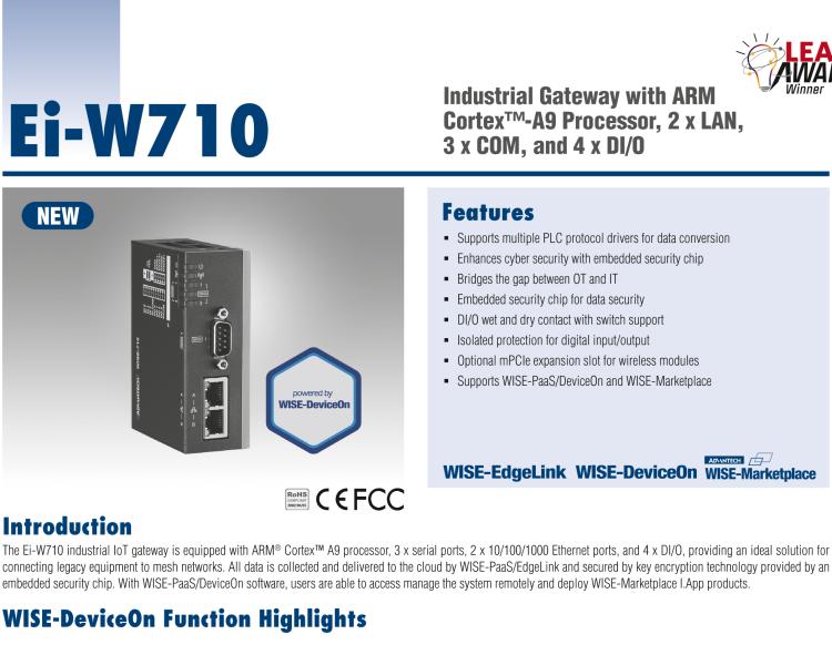 研華Ei-W710 Industrial Gateway with ARM Cortex?-A9 Processor, 2 x LAN, 3 x COM, and 4 x DI/O