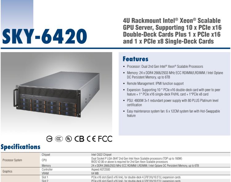 研華SKY-6420 4U機架式GPU服務(wù)器,Intel?Xeon?Scalable系列處理器 支持10個PCIe x 16雙層卡,1個PCIe x 16和1個PCIe x 8單層卡