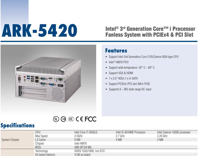 研華ARK-5420 Intel? 第三代 Core? i 處理器無(wú)風(fēng)扇嵌入式工控機(jī)，支持 PCIEx4 & PCI