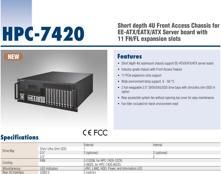 研華HPC-7420 用于EE-ATX/EATX/ATX主板的4U 短深度服務(wù)器機(jī)箱，帶有11個(gè)FH/FL擴(kuò)展插槽