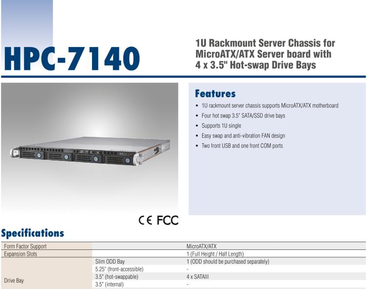 研華HPC-7140 1U 機架式服務器機箱，適用于 MicroATX/ATX 服務器主板，支持4個3.5"熱插拔盤位，1個全長/半長PCI-E x16擴展插槽