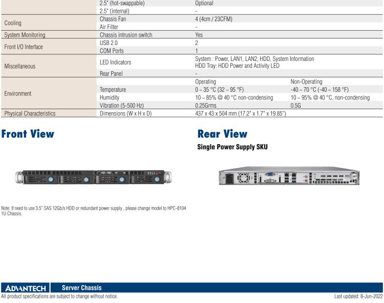 研華HPC-7140 1U 機架式服務器機箱，適用于 MicroATX/ATX 服務器主板，支持4個3.5"熱插拔盤位，1個全長/半長PCI-E x16擴展插槽