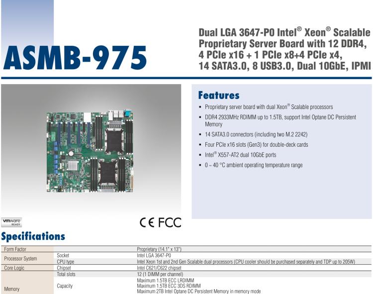 研華ASMB-975 雙路LGA3647-P0 Intel? Xeon? Scalable 服務器主板，帶12個 DDR4, 4個 PCIe x16 + 1個 PCIe x8 + 4 個PCIx4, 14 個 SATA3, 8 個USB3.0, Dual 10GbE, IPMI