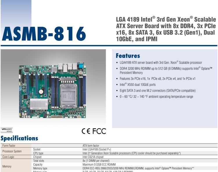 研華ASMB-816 LGA 4189 Intel? 3rd Gen Xeon? Scalable ATX Server Board with 8x DDR4, 3x PCIe x16, 8x SATA 3, 6x USB 3.2 (Gen1), Dual 10GbE, and IPMI