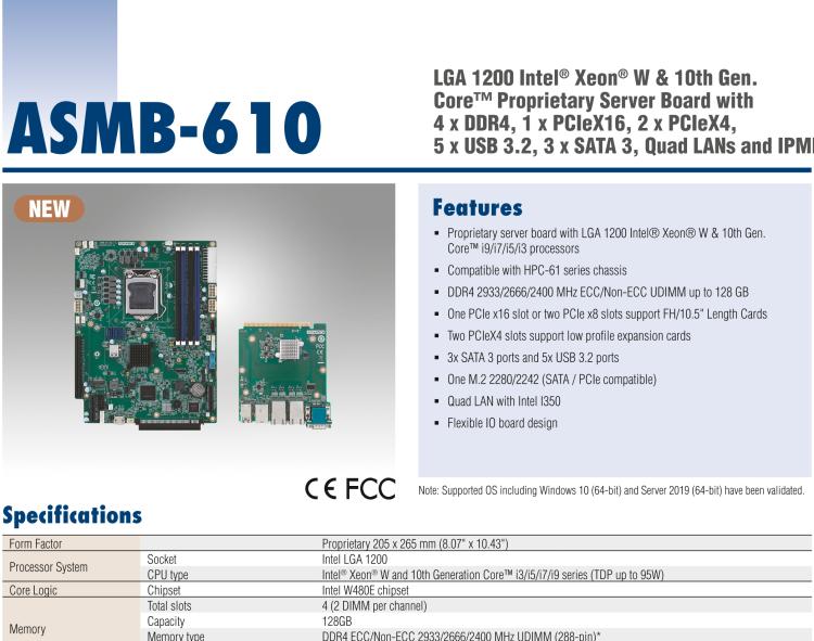 研華ASMB-610 LGA 1200 Intel? Xeon? W & 第十代 Core?專用服務器主板，帶4 x DDR4, 1 x PCIeX16, 2 x PCIeX4, 5 x USB 3.2, 3 x SATA 3, Quad LANs and和 IPMI