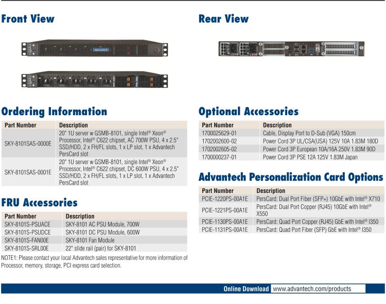 研華SKY-8101 緊湊型1U高性能服務(wù)器 基于Intel Xeon?處理器可擴展系列