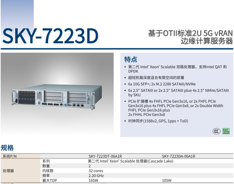 研華SKY-7223D 基于OTII 標(biāo)準(zhǔn)2U 5G vRAN 邊緣計(jì)算服務(wù)器