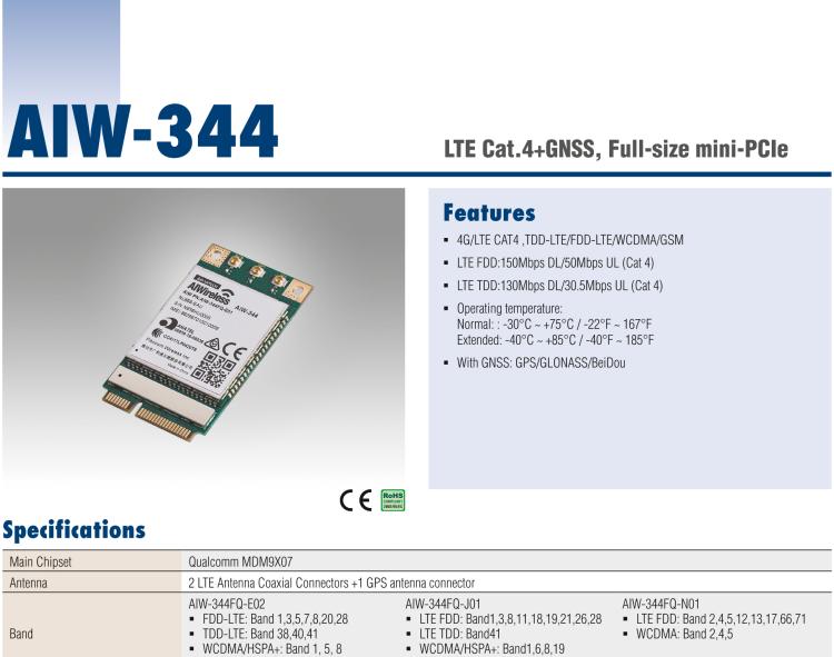 研華AIW-344 4G LTE CAT4：TDD LTE/FDD LTE/WCDMA/GSM和GPS。