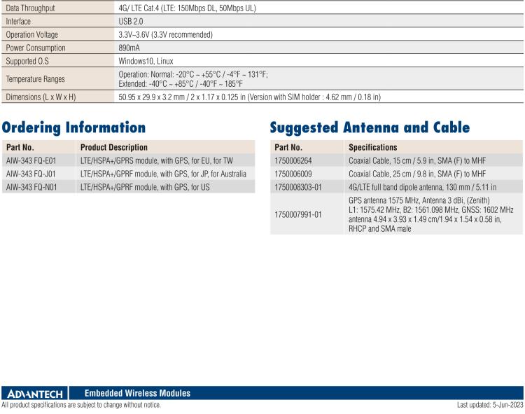 研華AIW-343 4G模組，使用MINI-PCIE規(guī)范接口，支持4G LTE CAT4：TDD LTE/FDD LTE/WCDMA/GSM和GPS。