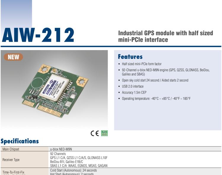 研華AIW-212 工業(yè)級 GNSS（GPS、GLONASS、BeiDou、Galileo、QZSS和SBAS）模塊，半尺寸 mini-PCIe 規(guī)格。