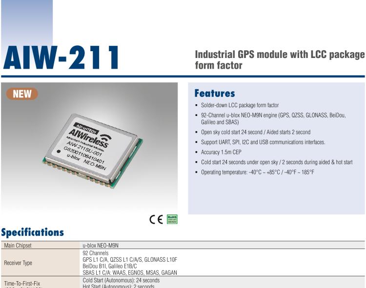 研華AIW-211 帶郵票型接口的工業(yè)級 GNSS（GPS、GLONASS、BeiDou、Galileo、QZSS和SBAS）模塊。