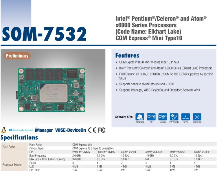 研華SOM-7532 Intel Pentium/Celeron 和 Atom x6000 系列 (Elkhart Lake) 處理器， COM Express Mini Type 10 模塊