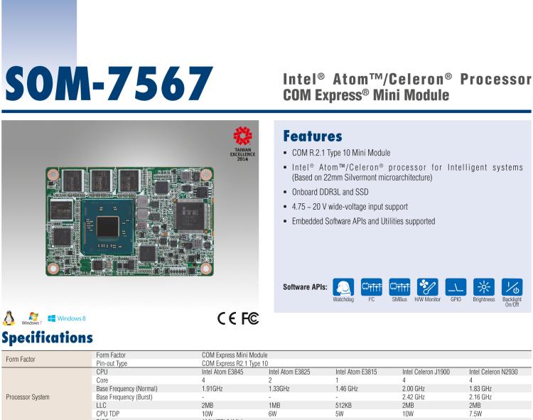 研華SOM-7567 Intel? Atom?/Celeron? 處理器，COM-Express Mini 模塊