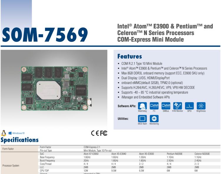 研華SOM-7569 Intel? Atom? E3900 & Pentium? 和 Celeron? N 系列處理器，COM-Express Mini 模塊