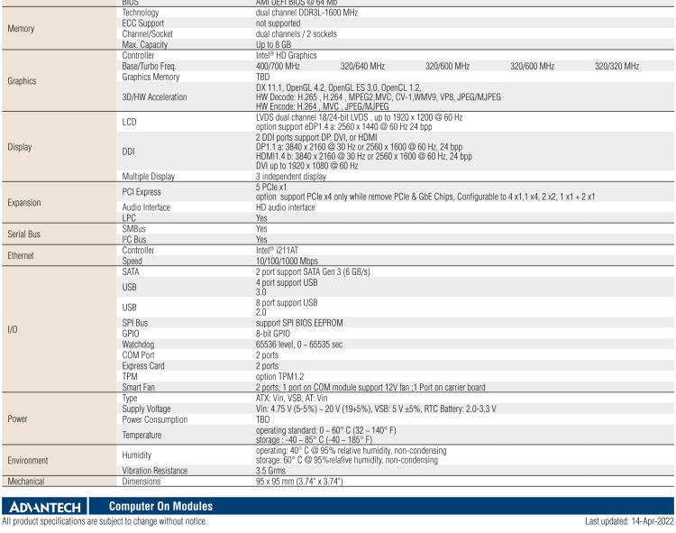 研華SOM-6868 Intel? Pentium?/Celeron? N3000 系列和 Atom ? SoC，COM Express Express Type 6 模塊