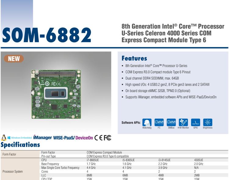 研華SOM-6882 第八代 Intel?Core 處理器，COM Express Compact R3.0 Type 6 模塊