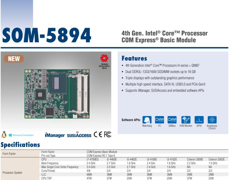 研華SOM-5894 第三代 Intel? Core?處理器， COM Express? Basic 模塊