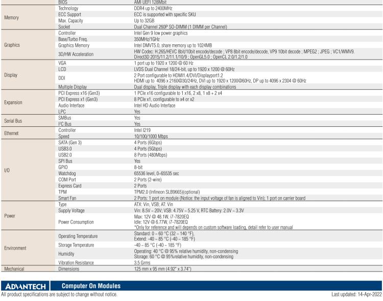 研華SOM-5898 第七代Intel Core/Celeron處理器，COM Express Basic Type 6模塊