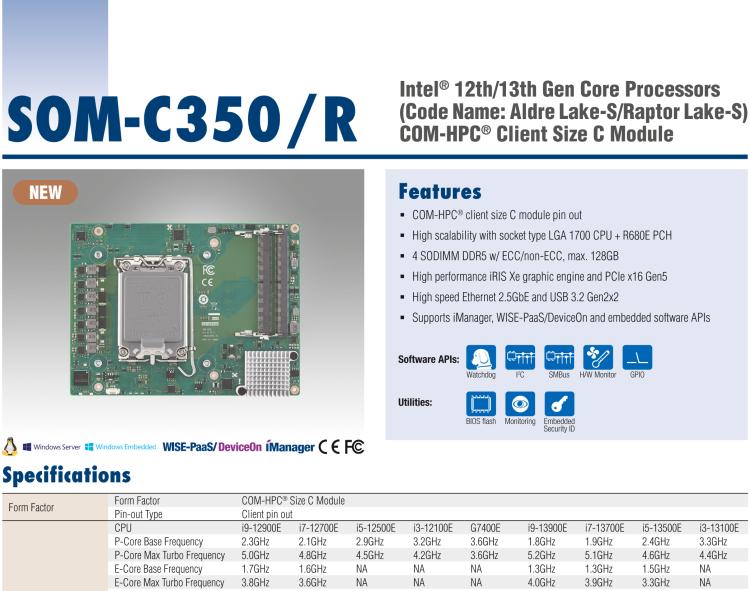 研華SOM-C350 Intel Alder Lake-S 可更換型 CPU，COM-HPC Client Size C 模塊