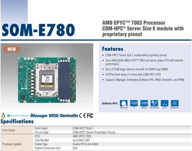 研華SOM-E780 AMD EPYC? 7003 COM-HPC? Server Size E 模塊，具有專有引腳