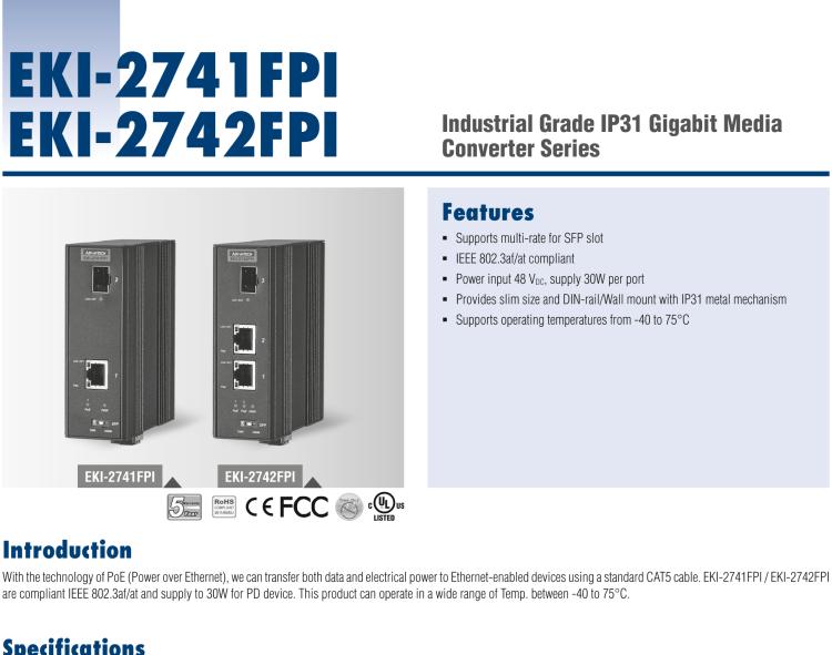 研華EKI-2741FPI 1GE PoE, SFP Injector ,IEEE802.3af/at, 48VDC, -40~75℃