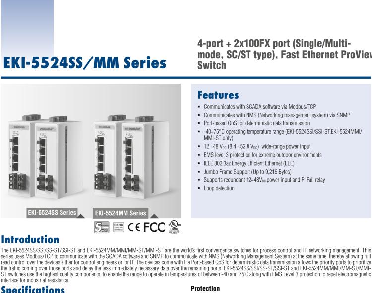 研華EKI-5524MMI 2光4電百兆ProView(組態(tài))系列工業(yè)以太網(wǎng)交換機(包含單模/多模、SC/ST接口)