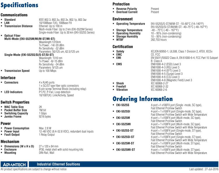 研華EKI-5525MI 1光4電百兆ProView(組態(tài))系列工業(yè)以太網(wǎng)交換機(jī)（包含單模/多模、SC/ST接口）