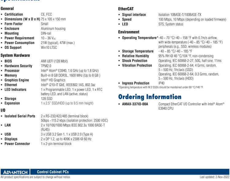 研華AMAX-337IO x86-based EtherCAT I/O Controller