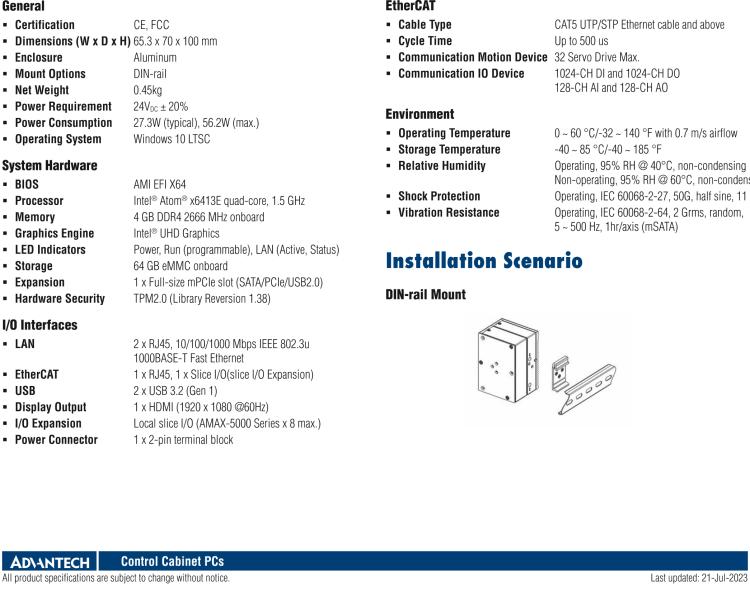 研華AMAX-357 超微型EtherCAT運(yùn)動(dòng)控制器，基于PC架構(gòu)開發(fā)，配置了Intel Atom處理器，具有64GB eMMC、2 x LAN、2 x USB和Slice IO擴(kuò)展