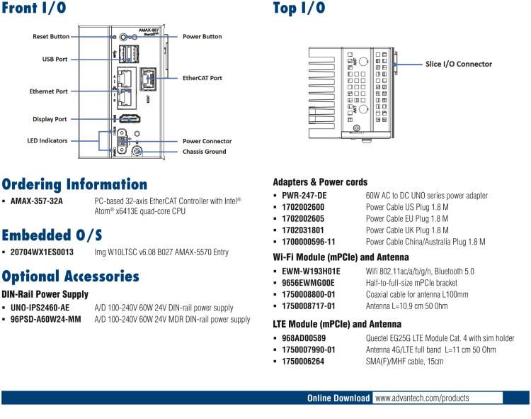 研華AMAX-357 超微型EtherCAT運(yùn)動(dòng)控制器，基于PC架構(gòu)開發(fā)，配置了Intel Atom處理器，具有64GB eMMC、2 x LAN、2 x USB和Slice IO擴(kuò)展