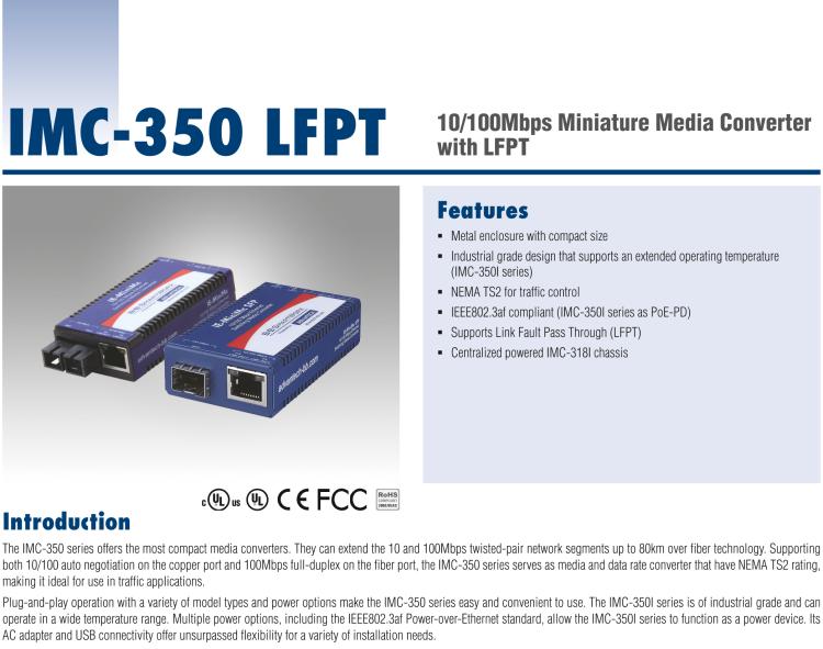 研華IMC-350I-SL-PS-A Mini Hardened Media Converter, 100Mbps, Single mode 1550nm, LFPT, 80km, SC, AC adapter