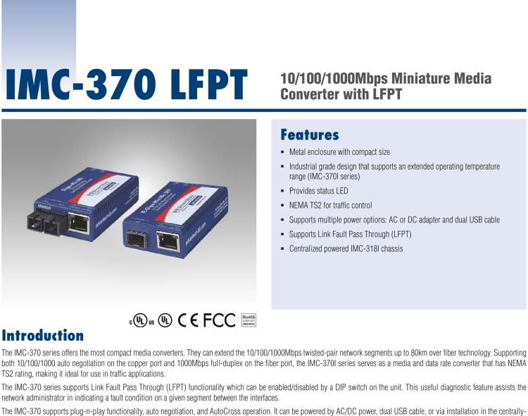 研華IMC-370-SE-PS-B Miniature Media Converter, 1000TX/LX, Single-mode 1310nm, LFPT, 40km, SC type, w/ AC adapter