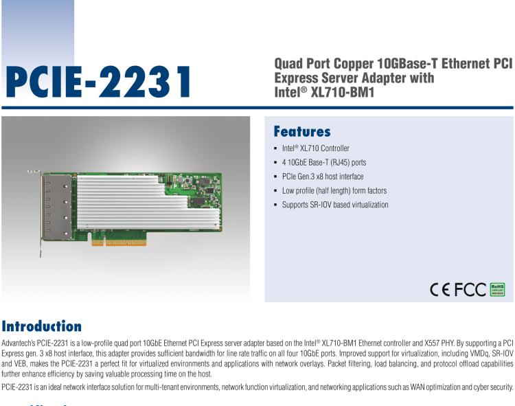 研華PCIE-2231 Quad Port Copper 10GBase-T Ethernet PCI Express Server Adapter with Intel? XL710-BM1