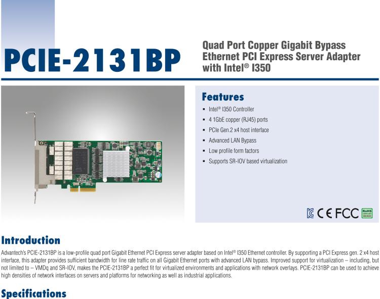 研華PCIE-2131BP Quad Port Copper Gigabit Bypass Ethernet PCI Express Server Adapter with Intel? I350