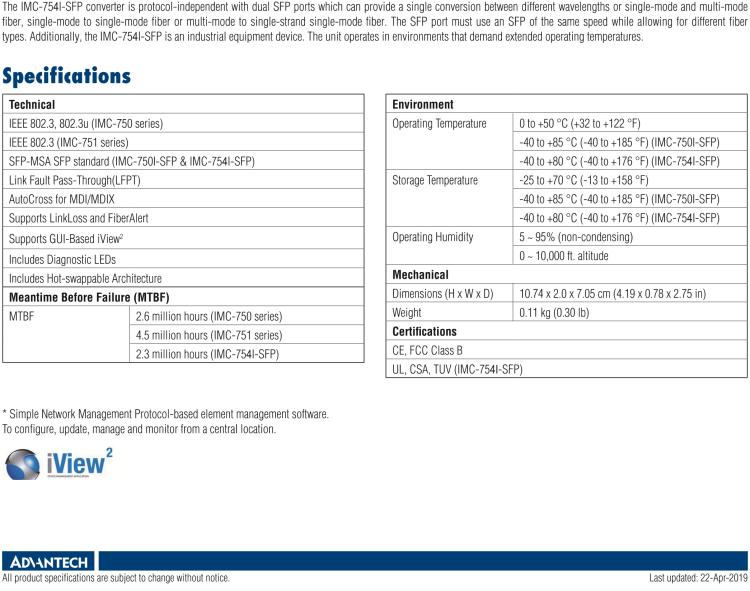 研華IMC-750-SE Managed Modular Media Converter, 100Mbps, Single mode 1310xmt, 40km, SC (also known as iMcV 856-15718)