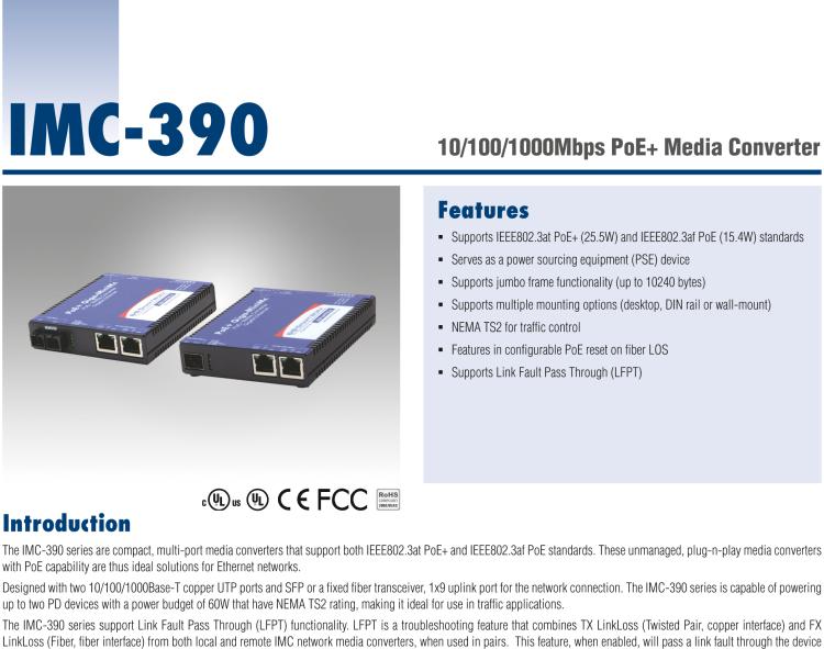 研華IMC-390-SFP Mini PoE+ Media Converter, 1000Mbps, SFP (also known as MiniMc 857-11911TG)