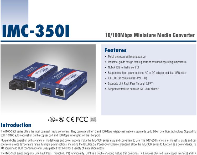 研華IMC-350I-SST-A Mini Hardened Media Converter, 100Mbps, Single-Strand 1310xmt, LFPT, 20km, SC