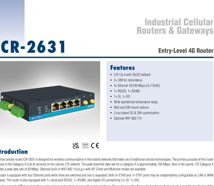 研華ICR-2631W ICR-2600, EMEA, 4x Ethernet , 1x RS232, 1x RS485, Wi-Fi, Metal, Without Accessories